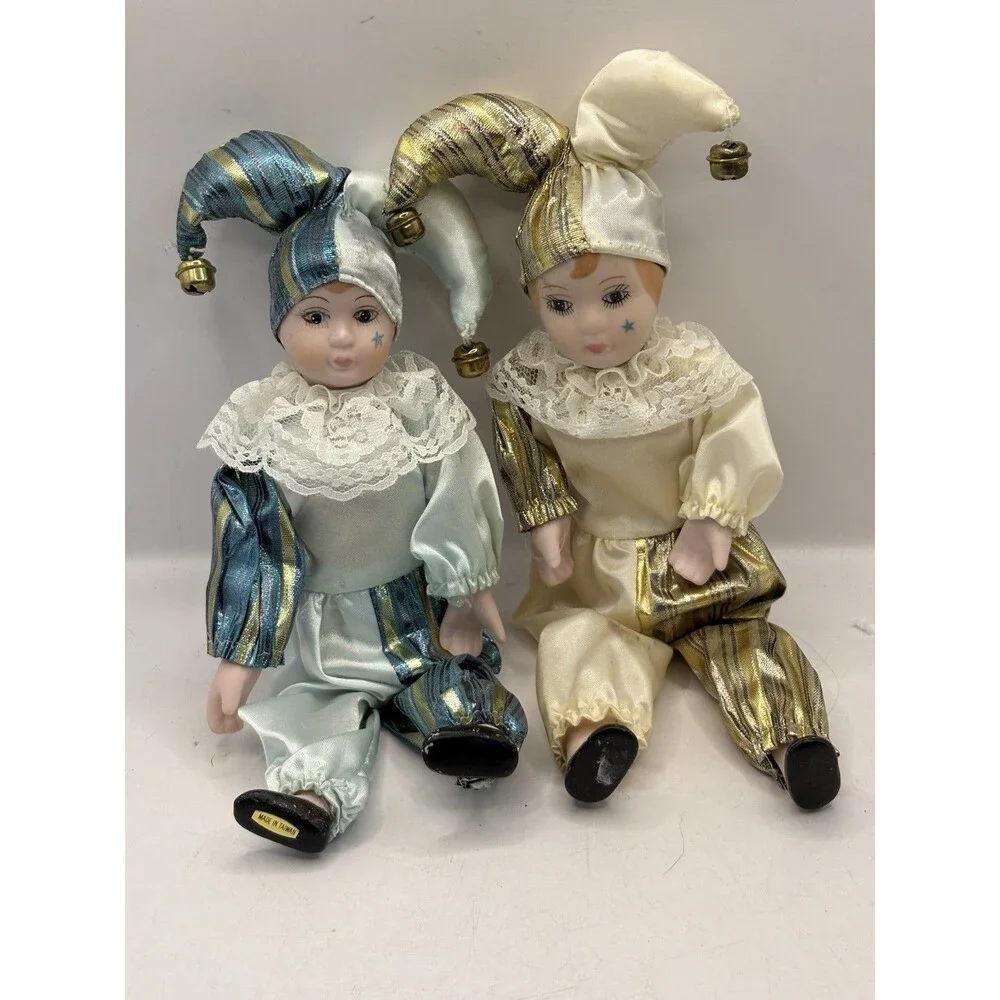PAIR Porcelain Jester Doll Clown Gold Blue Las Vegas Gold Mardi Gras Bells 9.5”